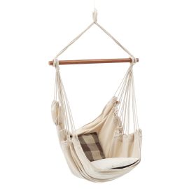 Coupon Hammock Cotton Swing Camping Hanging Rope Chair Wooden Beige White Outdoor Patio