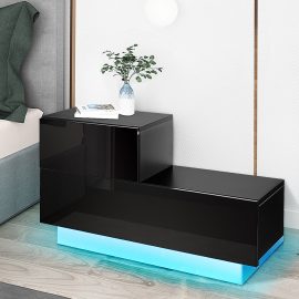 Coupon Woodyhome Nightstand with Multi-colour RGB LED Backlight Modern High Gloss Bedside Table with 2 Drawers for Home and Office