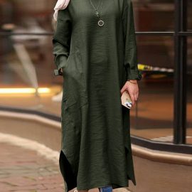 Coupon Women Solid Color O-neck Long Sleeves Splited Robe Kaftan Casual Maxi Dress With Pocket