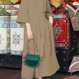 Coupon Women Solid Color Round Neck 3/4 Sleeve Pleated Casual Belted Maxi Dresses