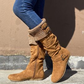 Coupon Women Plus Size Buckle Decor Suede Woolen Warm Zipper Flat Knee Boots