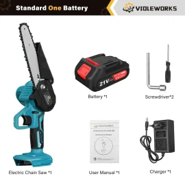 Coupon VIOLEWORKS 6in 21V 6500mAh Brushless Electric One-Hand Saw Chain Saw Woodworking Cutting Tool W/ 1pc or 2pcs Battery Kit – 1 Battery & EU Plug
