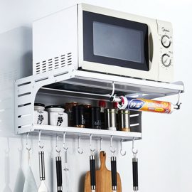 Coupon Aluminum Microwave Oven Wall Mount Microwave Kitchen Desktop Organizer Racks 2 Layer Oven Stand Kitchen Storage with Hooks