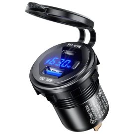 Coupon 12-24V 63W Metal Car Charger Socket 45W PD + 18W QC3.0 with LED Voltage/Power Display ON/OFF Switch for SUV Motorcycle Truck Boat ATV
