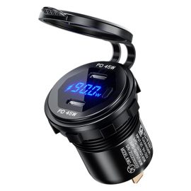 Coupon 12-24V 90W Metal Car Charger Socket Dual 45W USB C Type C PD with ON/OFF Switch Voltage/Power Display for SUV Motorcycle Truck Boat Bus RV ATV