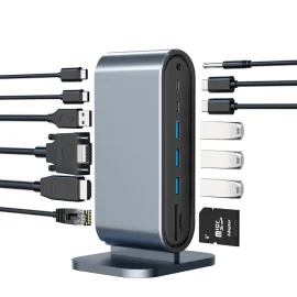 Coupon 13 In 1 USB-C Hub Docking Station Adapter with 1 * USB 3.0/3 * USB 2.0/100W Type-C PD/3 * Type-C/4K HD Display Video Outputs/RJ45 Internet Port/3.5mm Audio Jack/VGA/SD TF Memory Card Readers