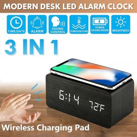 Coupon Bakeey 3 in 1 Qi Wireless Charger & LED Digital Alarm Clock & Thermometer Modern Wooden