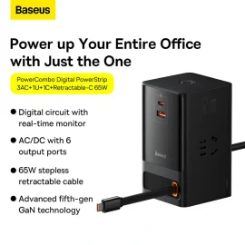 Coupon Baseus PowerCombo 2500W 3 Outlets Power Strip 65W GaN Charger With Retractable Cable Output For iPhone 14 14 Pro For Samsung Galaxy Z Fold 4 S22 Ultra MacBook Pro M2