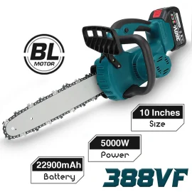 Coupon 388VF 5000W 10 Inch Portable Electric Chain Saw Pruning Chain Saw Rechargeable Woodworking Power Tools Wood Cutter W/ 1/2 Battery EU Plug – Two Batteries