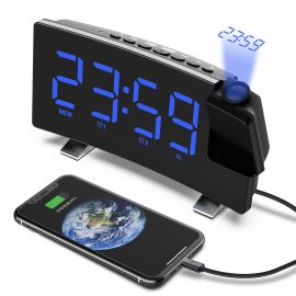 Coupon Rechargeable Mirror Digital Alarm Clock LED Curved Screen Support FM Radio Memory Function 180° Rotating Projection