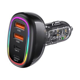 Coupon USAMS 120W Fast Car Charger with PD30W QC3.0 USB Type-C AACC Four Port Quick Charging Colorful Backlit Light Transparent Design C34