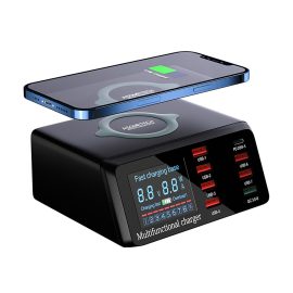 Coupon ASX9 100W 8-Port USB Charger Station with Wireless Charging USB-A*6 PD3.0 QC3.0 Fast Charging Adapter EU Plug for iPhone 13 14 14Pro for Xiaomi 13pro for Samsung Galaxy S23 for Oppo Reno9