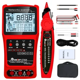 Coupon TOOLTOP 3 in 1 Network Cable Tester + Multimeter + Red Light Pen 600M Network Cable Length Measure AC DC Current Voltage Measurement Anti-noise Line Tracker With Bag ET624 ET626 ET628