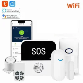 Coupon Tuya WiFi Smart Home Alarm System Security Protection Kit Wireless APP Remote Monitoring Anti-theft Alarm Doorbell Call Device Multi-functional Surveillance Kit for Home Safety Work with Alexa Google