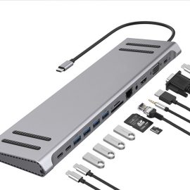 Coupon 13 in 1 Type-C Docking Station USB-C Hub Splitter Adaptor with USB2.0*3 USB3.0 Type-C*3 HDMI RJ45 VGA SD/TF Card Reader Slot 3.5mm Audio Multiport Hub for PC Laptop