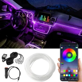 Coupon 1IN1 2M RGB LED Atmosphere Car Interior Ambient Light Fiber Optic Strips Light by App Control Neon LED Auto Decorative Lamp