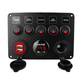Coupon Car Boat Switch Panel Waterproof Digital Voltmeter Dual USB Port 12V Outlet Combination Marine LED Rocker 5 Gang