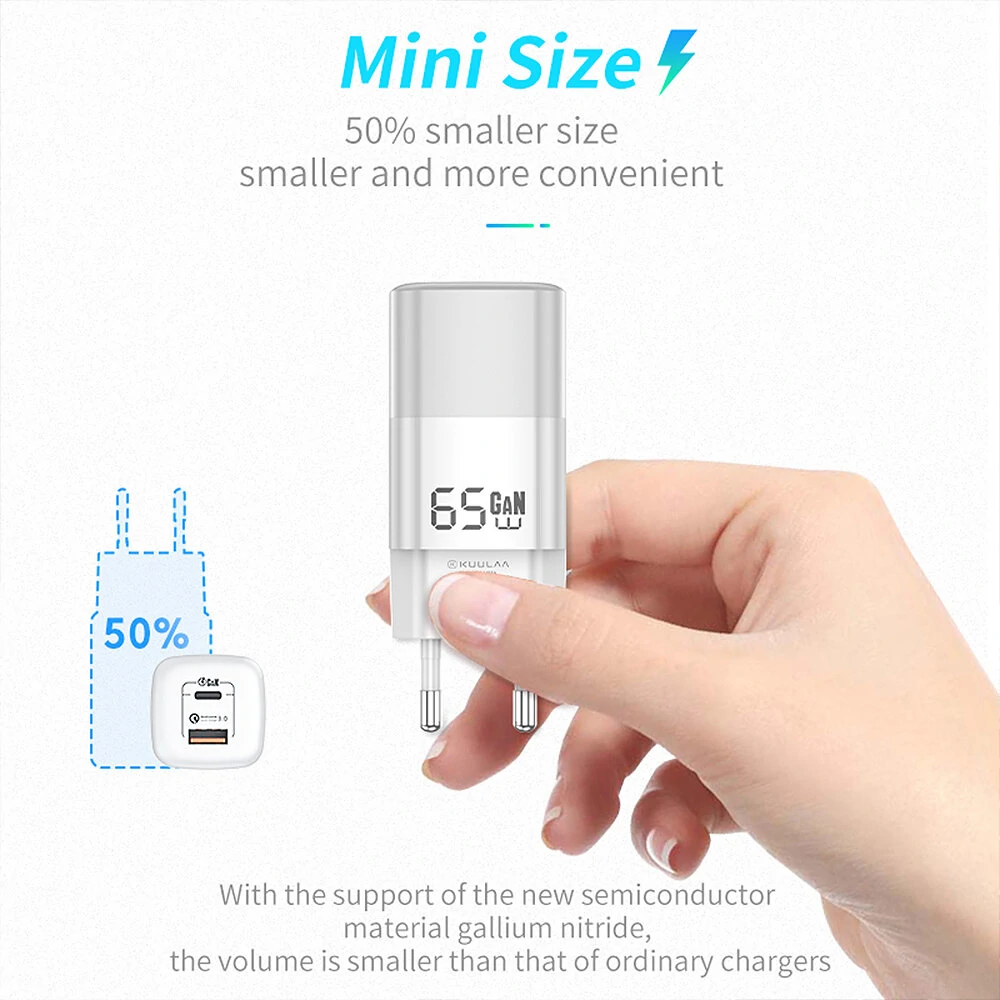 Coupon [GaN Tech]KUULAA 65W 2-Port USB PD Charger 65W GaN PD30W Type-C Fast Charging Wall Charger Adapter EU Plug for iPhone 13 Pro for Samsung Galaxy S20 for Huawei P50 for Xiaomi Mi12 – EU Plug