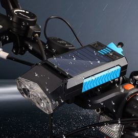 Coupon 2023 Solar Charging Bike Headlight 400Lm Brightness 300m Distance Range 4000mAh Battery Waterproof 4 Light Modes Warning Flashlight with 130dB Horn for Night Cycling