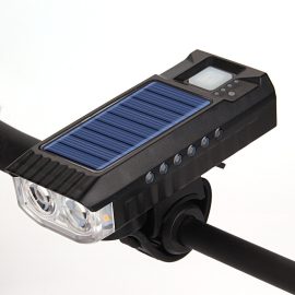 Coupon 2023 Solar Rechargeable Bike Headlight LED Super Brightness 4000mAh Battery Waterproof 4 Light Modes Warning Flashlight with 120dB Horn for Night Cycling