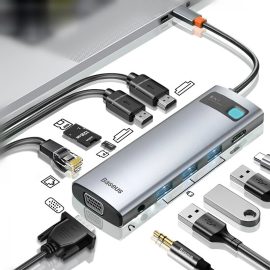 Coupon Baseus 11-In-1 MST USB Type-C Hub Docking Station Adapter With Dual 4K HDMI HD Display / 1080P VGA / 100W USB-C PD Power Delivery / 1000M RJ45 Network Port /3 * USB 3.0 / 3.5mm Audio Jack / Memory Card Readers