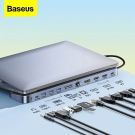 Coupon Baseus 12 in 1 Type-C Docking Station with USB3.0*3 Type-C Data 100W Type-C PD 4K HDMI*2 4K@60Hz DP 1000Mbps RJ45 SD/TF Card Reader Slot 3.5mm Audio Multiport USB-C Hub Splitter Adaptor for PC Laptop