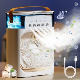 Coupon Portable Air Conditioner USB Handle Evaporative Air Cooler Cooling Fan with 3 Speeds / 5 Humidifier Misting Hole / 7 Colors Light For Home Office Travelling