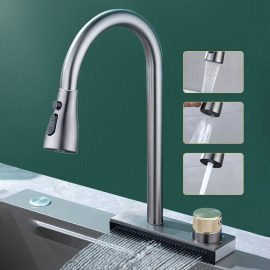 Coupon AGSIVO Waterfall Kitchen Sink Faucet with 3 Modes Pull Down Sprayer 360 Degree Rotation Single Hole Single Handle 304 Stainless Steel