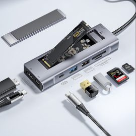 Coupon ESSAGER 8-in-1 Docking Station with USB2.0 USB3.2Gen 2 10Gbps USB-C Data PD100W USB-C 4K@30Hz HDMI SD/TF Card Reader Slot Multiports M.2 SSD USB Hubs Splitter for Phone TV Tablet Laptop