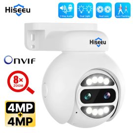 Coupon Hiseeu 4MP+4MP Dual Lens PTZ POE IP Camera 8X Zoom Full Color Night Vision 2-Way Audio H.265+ IP65 Waterproof CCTV Security Video Surveillance Camera