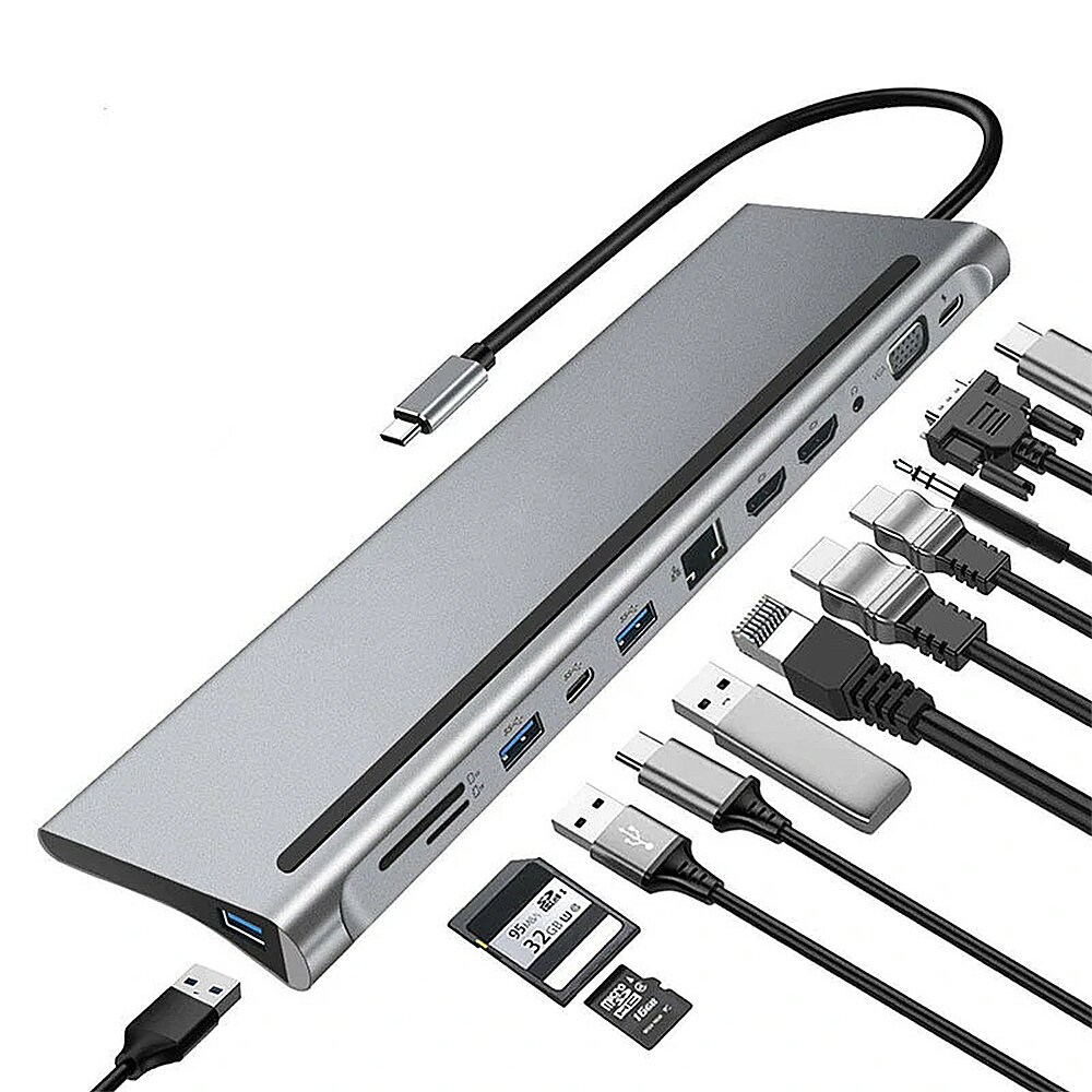 Coupon Bakeey 12-in-1 Type-C Docking Station USB-C Hub Splitter Adaptor with Dual 4K HDMI Display 1080P VGA 87W USB-C PD3.0 Power Delivery USB-C Data Transfer Port RJ45 Network Port 3.5mm Audio Jack 3*USB3.0 Memory Card Readers Multiport Hub for PC Laptop