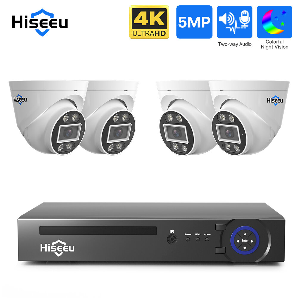 Coupon Hiseeu PK 4HC715 PK 4HC718 5MP or 8MP 4K PoE IP Camera H.265+ Dome ONVIF 2 Way Audio Record Face Detection Full Color Night Vision Indoor CCTV Suveillance Security Camera Kit Set EU Version