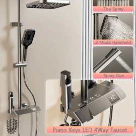 Coupon Agsivo High Pressure Shower Copper Body Kit Piano Keys Thermostat LED Digital 4 Modes Faucet Household Copper Booster Shower High Pressure Spray Gun