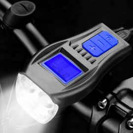 Coupon New 3 in 1 300Lm Brightness Bike Headlight 1500mAh Battery Waterproof 4 Light Modes Smart Speedometer with 120db Horn for Night Cycling