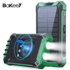 Coupon Bakeey 15W 36000mAh Solar Powered Power Bank Wireless Charger Built in 4 Cables External Battery Power Supply with 4 Inputs and 6 Outputs Fast Charging Solar Portable Charger with Dual Flashlights for iPhone Android Camping Fishing