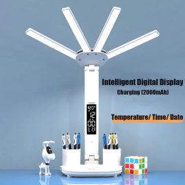 Coupon Multifunctional Desk Clock 4 Heads LED Eye Protection Desk Lamp with Intelligent Display Touch Control 80LEDs 3 Light Modes Stepless Dimming USB Rechargeable Design for Office Home Reading