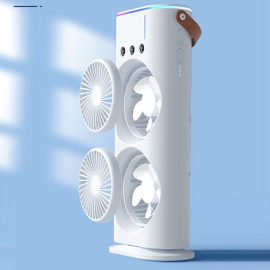 Coupon Smart Dual Fan Mist Cooler with Full Rotation and USB Rechargeable Multiple Speed Settings Ideal for Home and Travel Cooling Convenience with Soothing LED Display