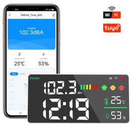 Coupon Tuya Smart Decibel Meter Large Wall-mounted Display 2000mAh WiFi Celsius Noise+Time Wall Mounted Decibel Meter Tuya Wifi Noise Level Meter LED Clock Temperature Humidity Product