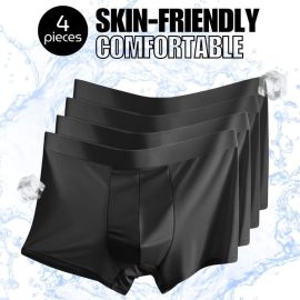 Coupon 4pcs Men’s Ice Silk Mesh Boxer Black Briefs, Summer Thin Style Breathable Comfy Boxer Trunks, Elastic Sports Shorts, Men’s Casual Underwear Daily Bottom Wear