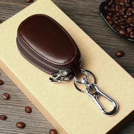 Coupon Men Genuine Leather Mini Car Key Case Minimalist Zipper Key Holder Storage Bag for Men Double Layer Key Slot Bag with Key Chain