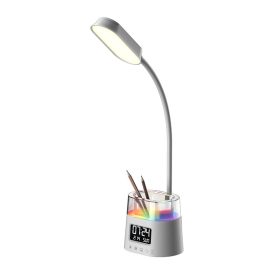 Coupon Multifunctional Desktop Table Lamp With RGB Ambient Night Lamp Clock and Calendar Display Pen Holder Storage Reading and Learning Eye friendly Desk Lamp