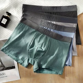 Coupon 4 Pcs Men’s Underwear Fashion Striped Boxer Briefs Trend Pure Cotton Boxing Shorts Comfy Breathable Men Underwear Set Plus Size L-5XL