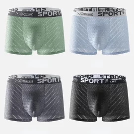 Coupon 4pcs Men’s Ice Silk Cool Boxer Briefs, Mesh Breathable Soft Comfy Stretchy Boxer Trunks, Sports Trunks, Multicolor Men’s Underwear