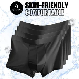 Coupon 4pcs Men’s Ice Silk Mesh Boxer Black Briefs, Summer Thin Style Breathable Comfy Boxer Trunks, Elastic Sports Shorts, Men’s Casual Underwear Daily Bottom Wear