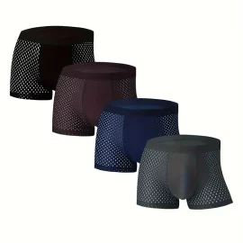Coupon 4pcs Men’s Ice Silk Mesh Boxer Briefs, Summer Thin Style Breathable Comfy Boxer Trunks, Elastic Sports Shorts, Men’s Casual Underwear Daily Bottom Wear