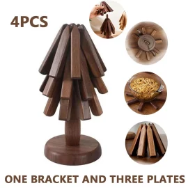 Coupon 4Pcs Tree Shape Wood Insulated Cup Mat Wooden Coasters For Hot Dishes Folding Tree Shape Black Walnut Table Mats Holder Heat Insulated Pad Set Coasters For Pots
