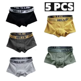 Coupon 5pcs Men’s Simple Cotton Boxer Briefs with Letter Print Waistband Large Size Comfy Breathable Solid Color Boxer Underwear Underpants