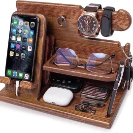 Coupon Multifunctional Desktop Charging Mobile Phone Holder Wooden Phone Storage Stand Key Holder Wallet Stand Watch Organizer