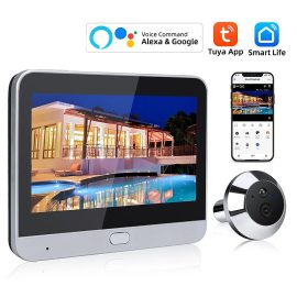 Coupon Smart Home Tuya 120 Wide Angle Door Peephole Camera 1080P Wireless One Way Intercom Video Eye Motion Detection Wifi Doorbell Camera 5000mAh Battery Work with AlexaandGoogle