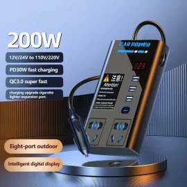 Coupon 200W High Power Car Inverter Charger 12V To 110V 220V Multi-Function Converter Type-C Mobile Phone Fast Charging with Eight Output Port – 12V-220V